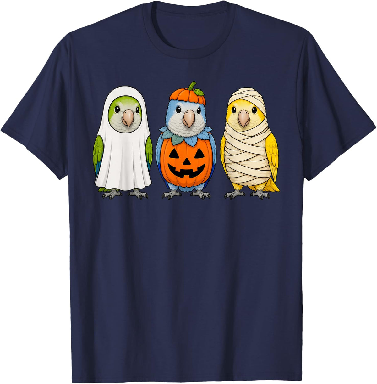 Spooky Quaker Parrot Pumpkin Ghost Halloween Bird Lover T-Shirt - Navy Blue