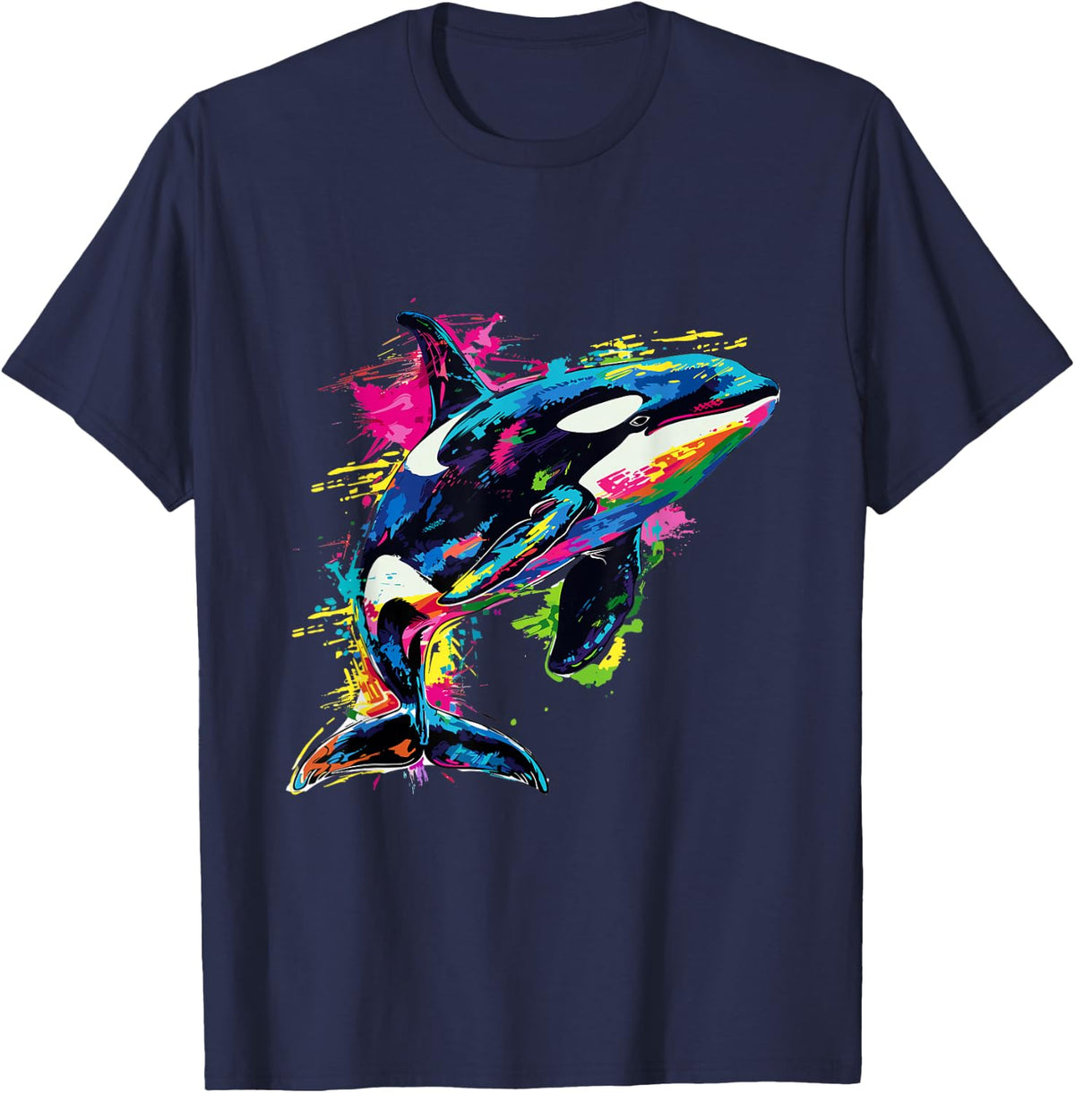 Orca Whale Pop Art Colorful Graphic T-Shirt - Navy Blue