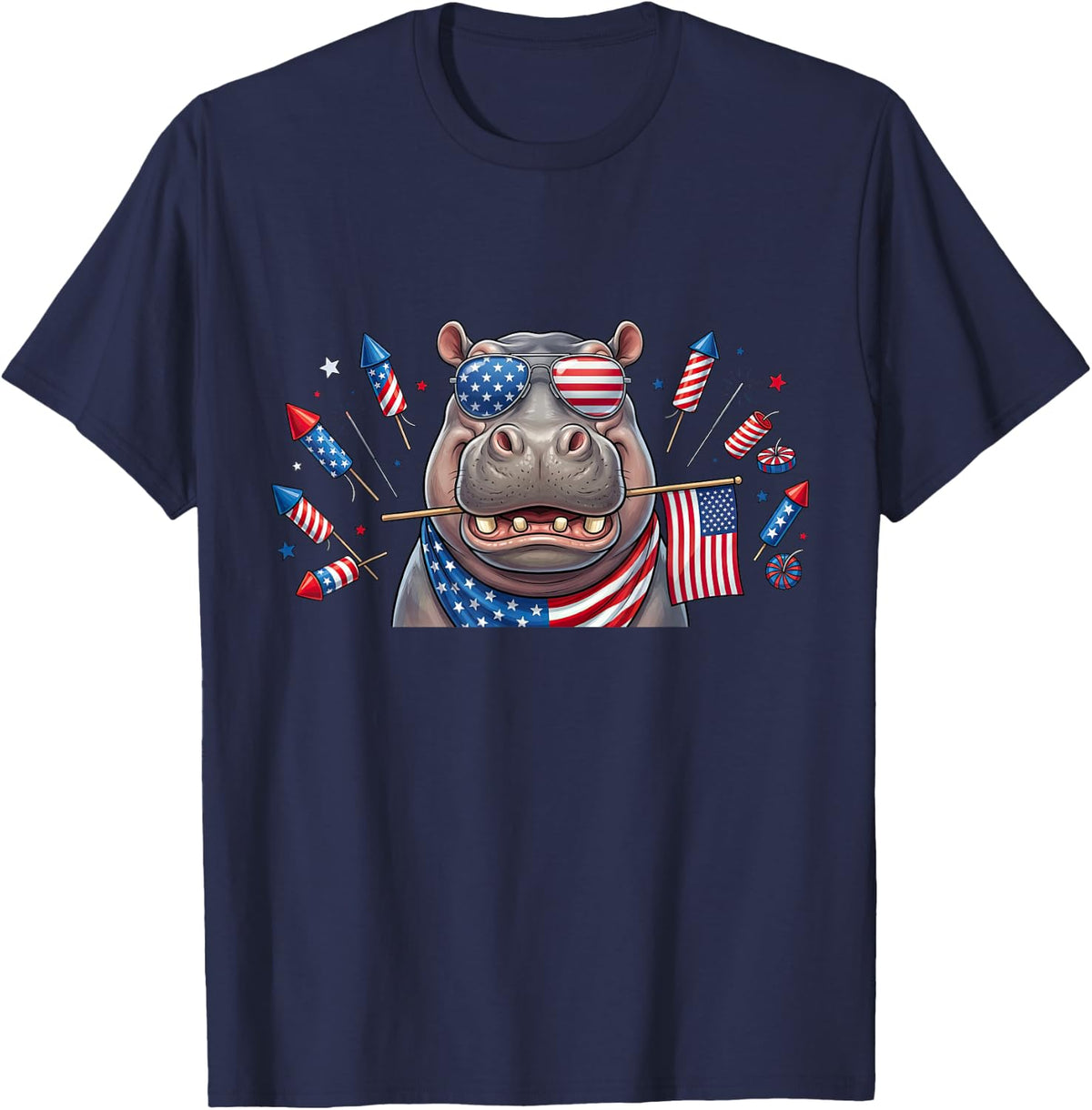 Funny Hippo American USA Flag Memorial Day 4th of July T-Shirt - Navy Blue