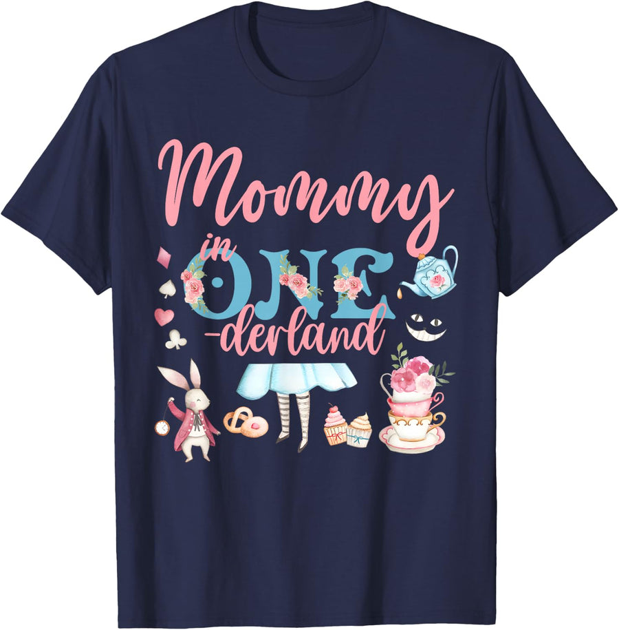 Mommy Of The Birthday Girl - Mommy In Onderland Family T-Shirt - Navy Blue