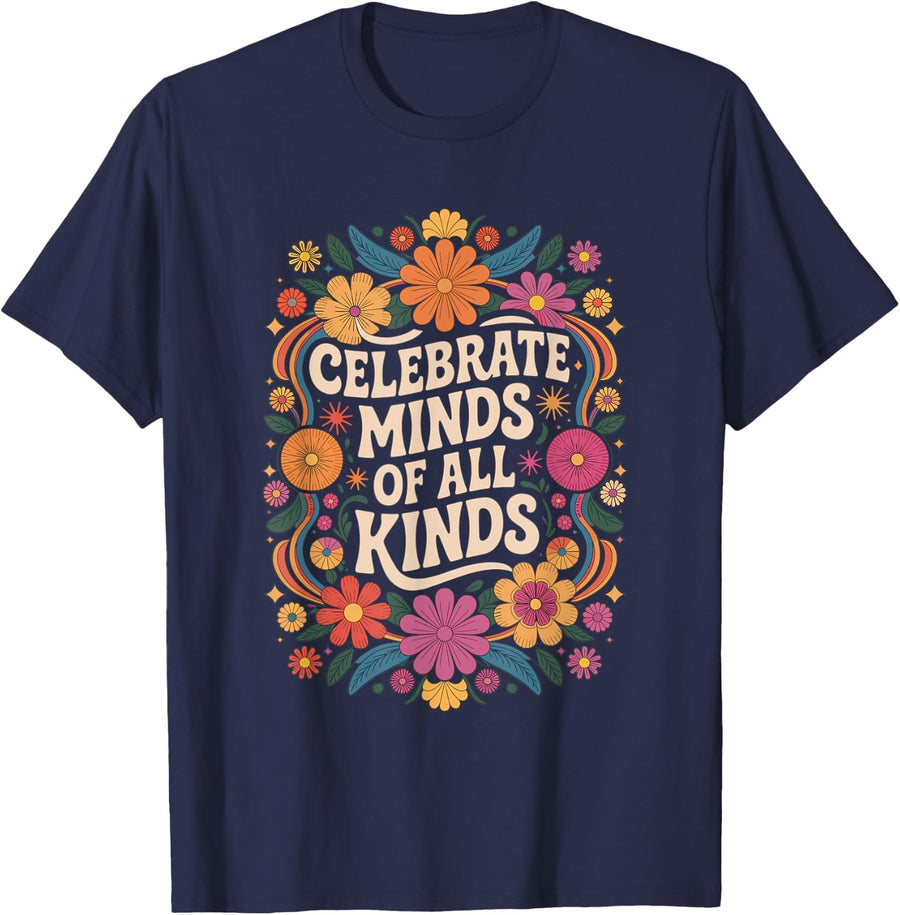 Neurodiversity Autism Celebrate All Minds Retro Floral T-Shirt - Navy Blue