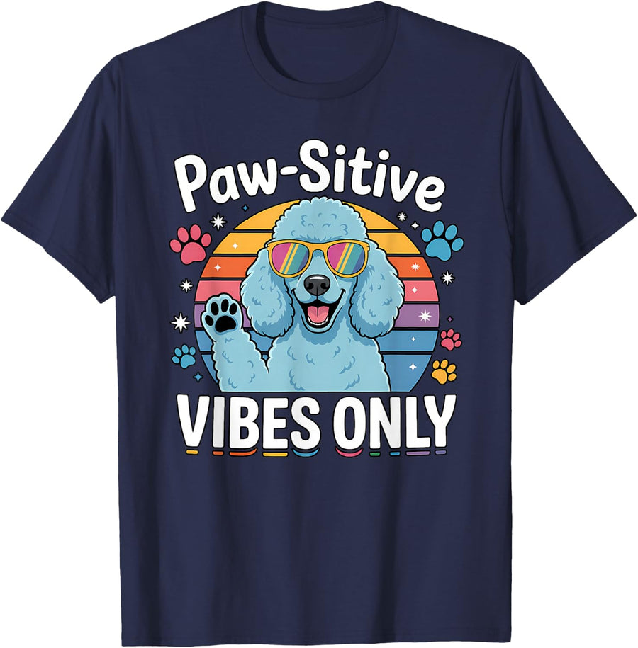 Vintage Poodle Paw-sitive Vibes Only Cute Dog Lover T-Shirt - Navy Blue