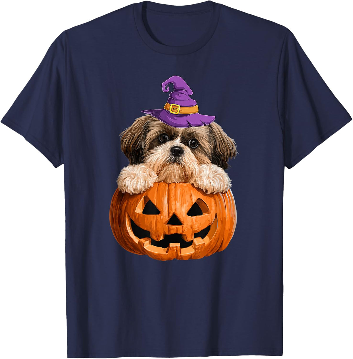 Cute Shih Tzu Witch Pumpkin Halloween Dog Lover T-Shirt - Navy Blue