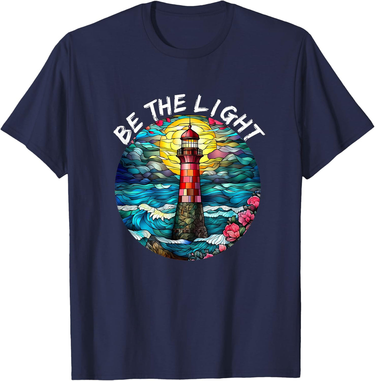 Be The Light Stained Glass Lighthouse Motivational Quote T-Shirt - Navy Blue