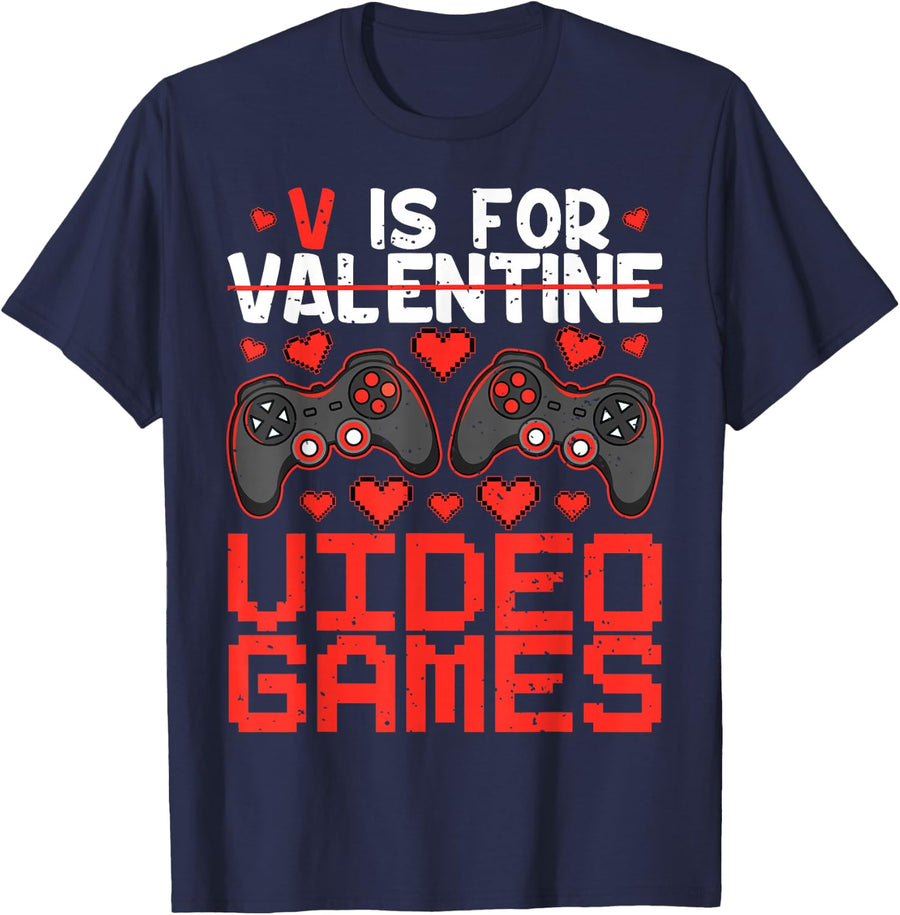 V Is For Video Games Funny Valentines Day Gamer Men Boys T-Shirt - Navy Blue