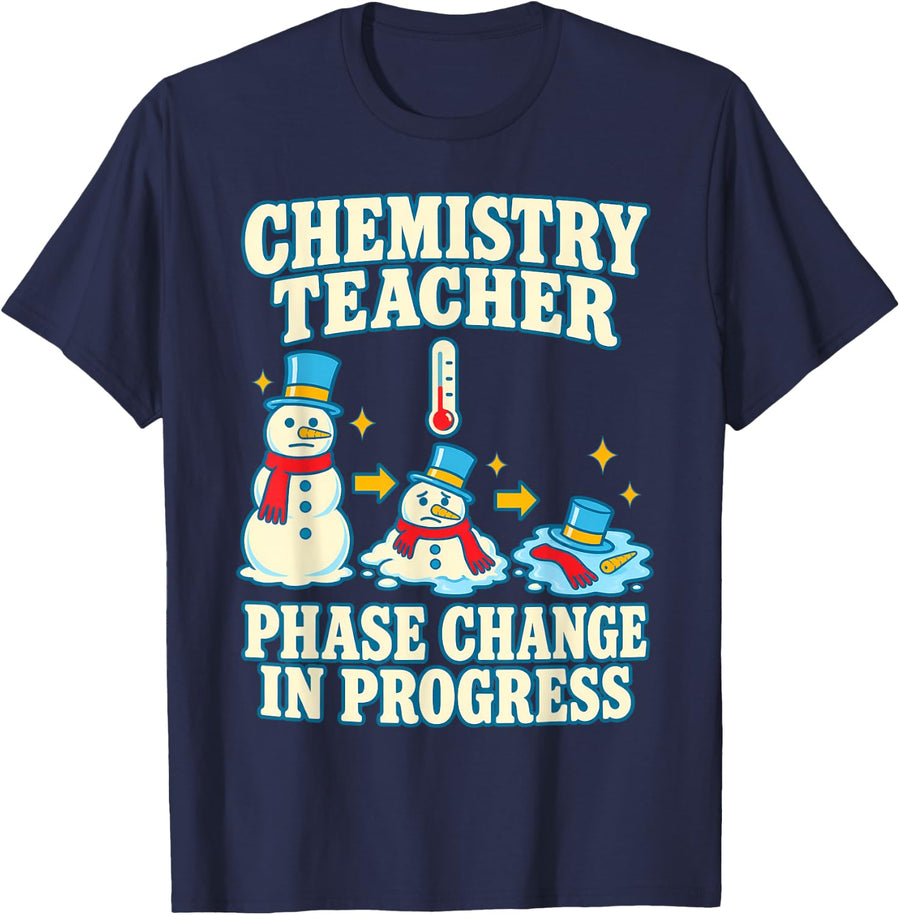 Chemistry Teacher Phase Change in Progress Snowman Christmas T-Shirt - Navy Blue