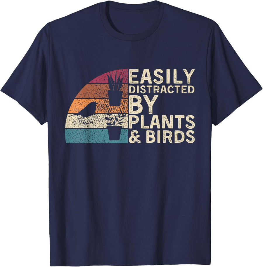 Retro Vintage Easily Distracted By Plants & Birds Funny T-Shirt - Navy Blue