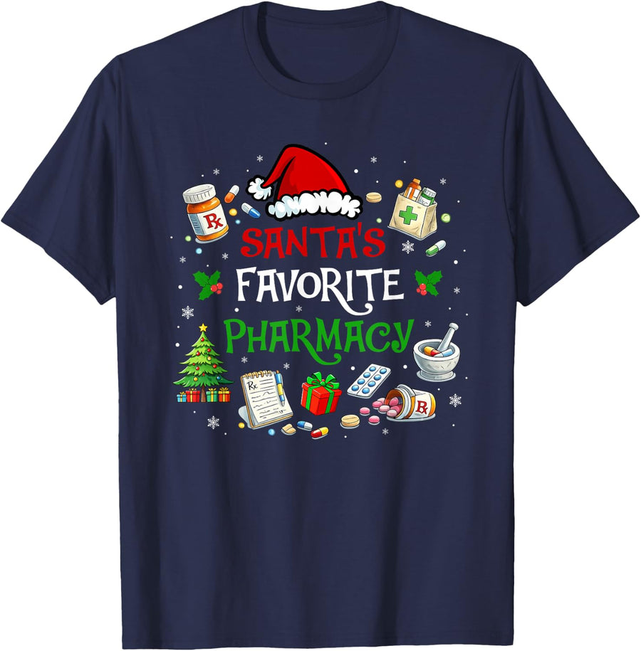 Funny Christmas Santa's Favorite Pharmacy Tech Pharmacist T-Shirt - Navy Blue