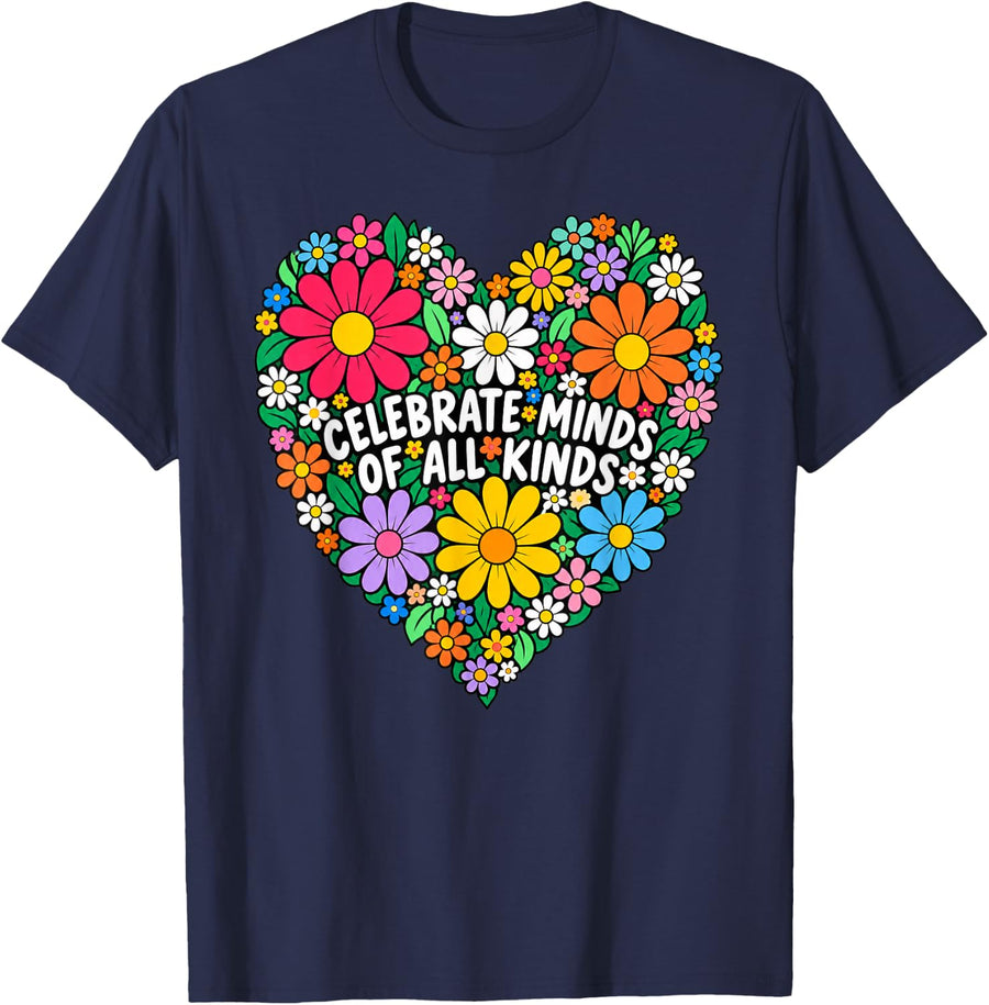 Celebrate Minds of All Kinds Floral Heart Neurodiversity T-Shirt - Navy Blue