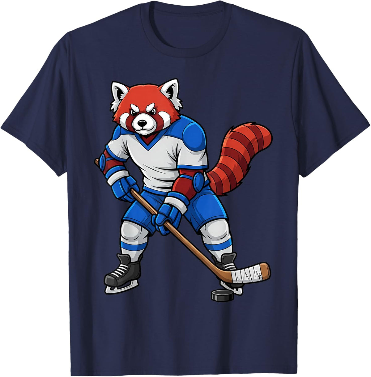 Ice Hockey Red Panda Sports Player Animal T-Shirt - Navy Blue