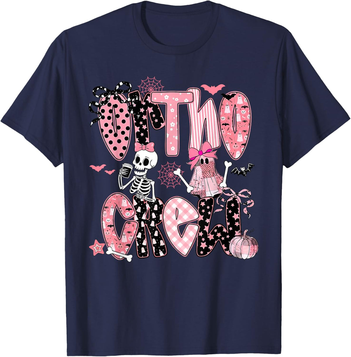 Ortho Crew Skeleton Ghost Coquette Bow Orthopedic Halloween T-Shirt - Navy Blue