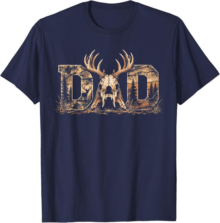Deer Hunter Dad Antler Skull Hunting Outdoor Father's Day T-Shirt - Navy Blue