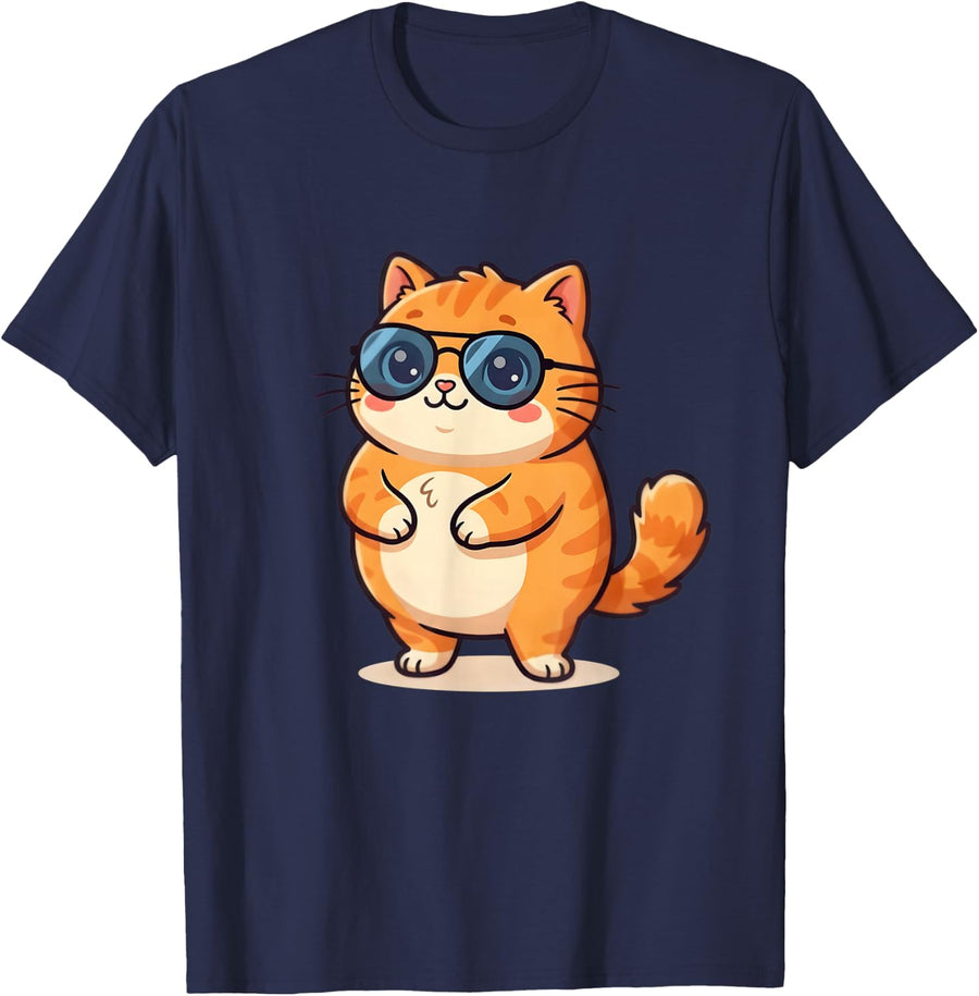 Chubby Orange Tabby Cat Sunglasses Kawaii Ginger Kitten T-Shirt - Navy Blue