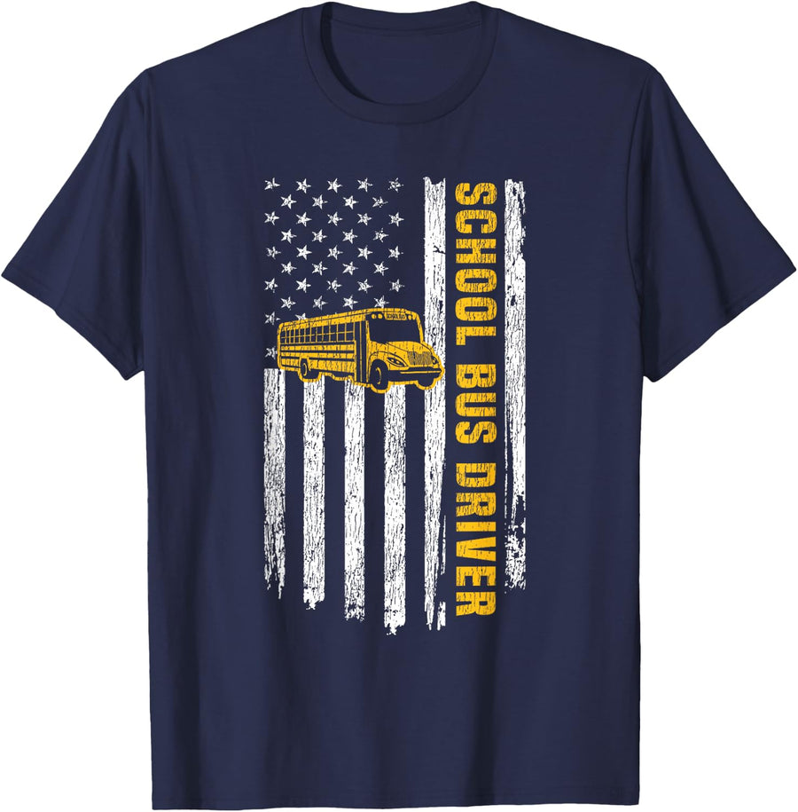 School Bus Driver Patriotic Usa American Flag School Bus T-Shirt - Navy Blue