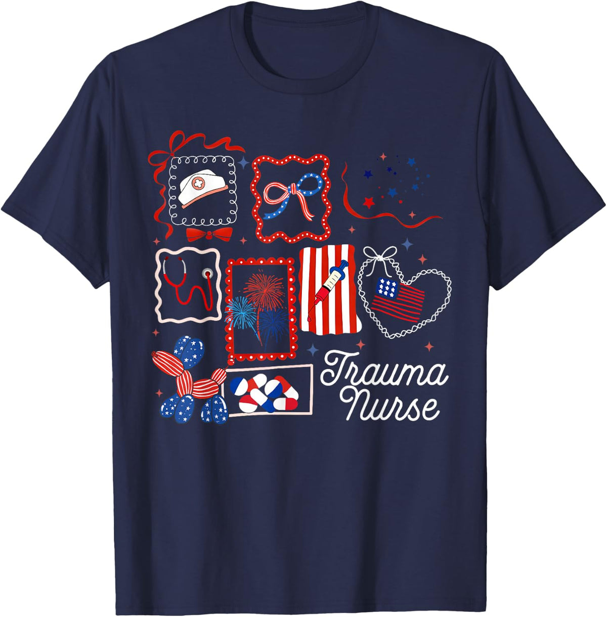 Stamp 4th of July Trauma Nurse Critical Care Intensive Care T-Shirt - Navy Blue