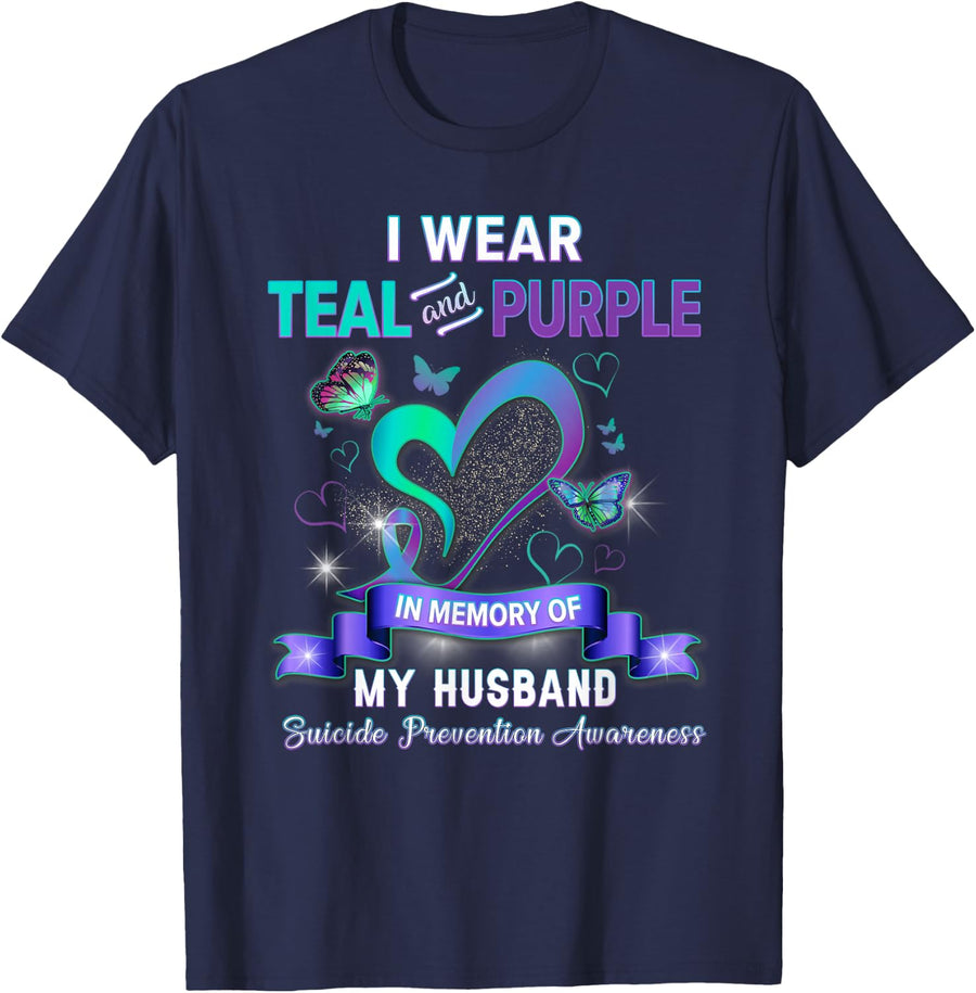 Suicide Prevention I Wear Teal Purple In Memory Of Husband T-Shirt - Navy Blue