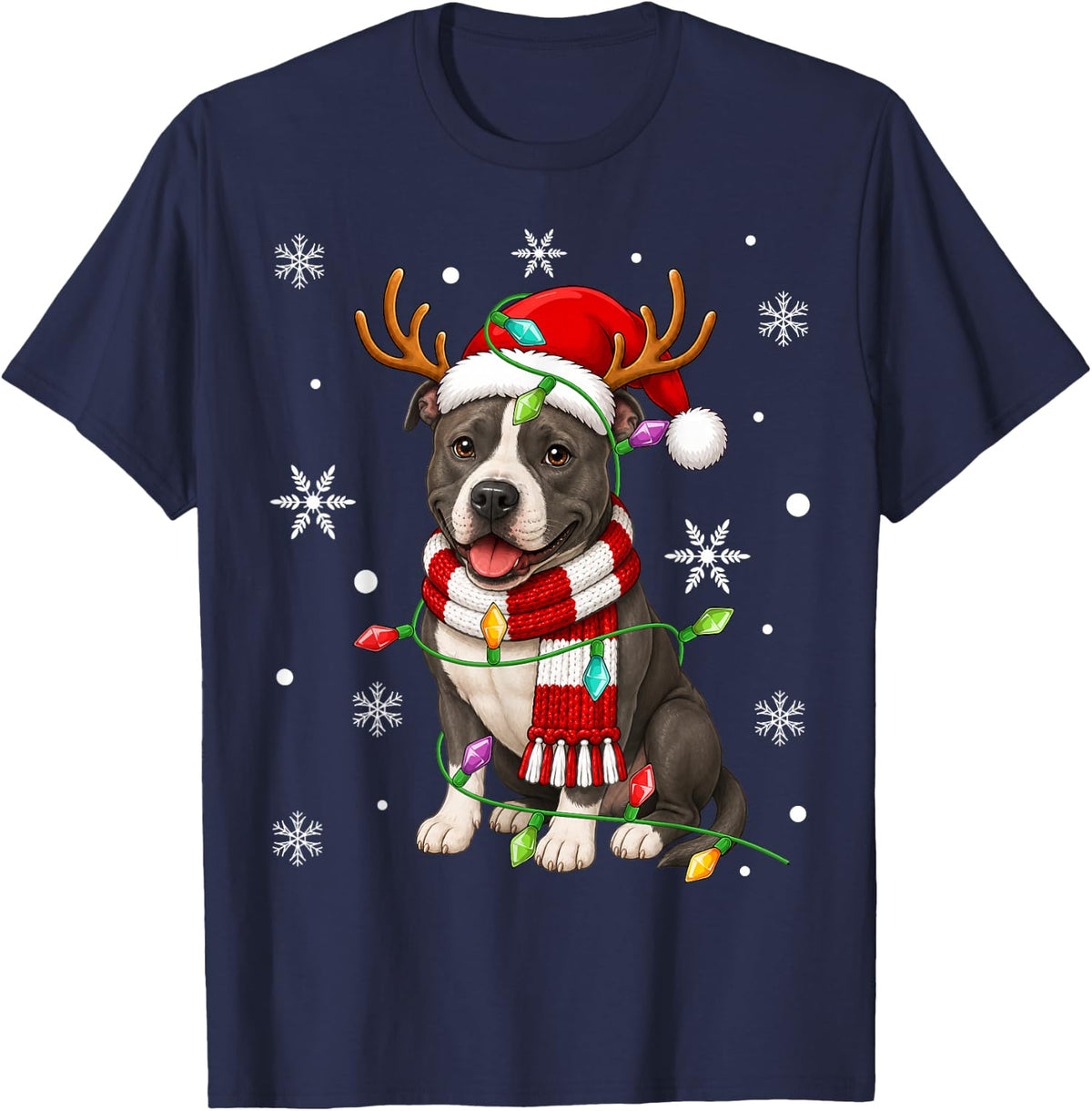 American Staffordshire Terrier Dog Christmas Light Santa Hat T-Shirt - Navy Blue
