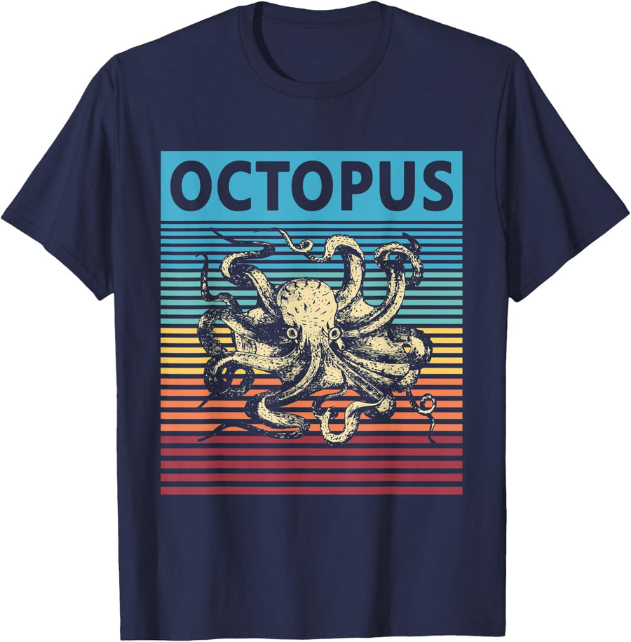 Octopus Retro Sea Creature Vintage T-Shirt - Navy Blue