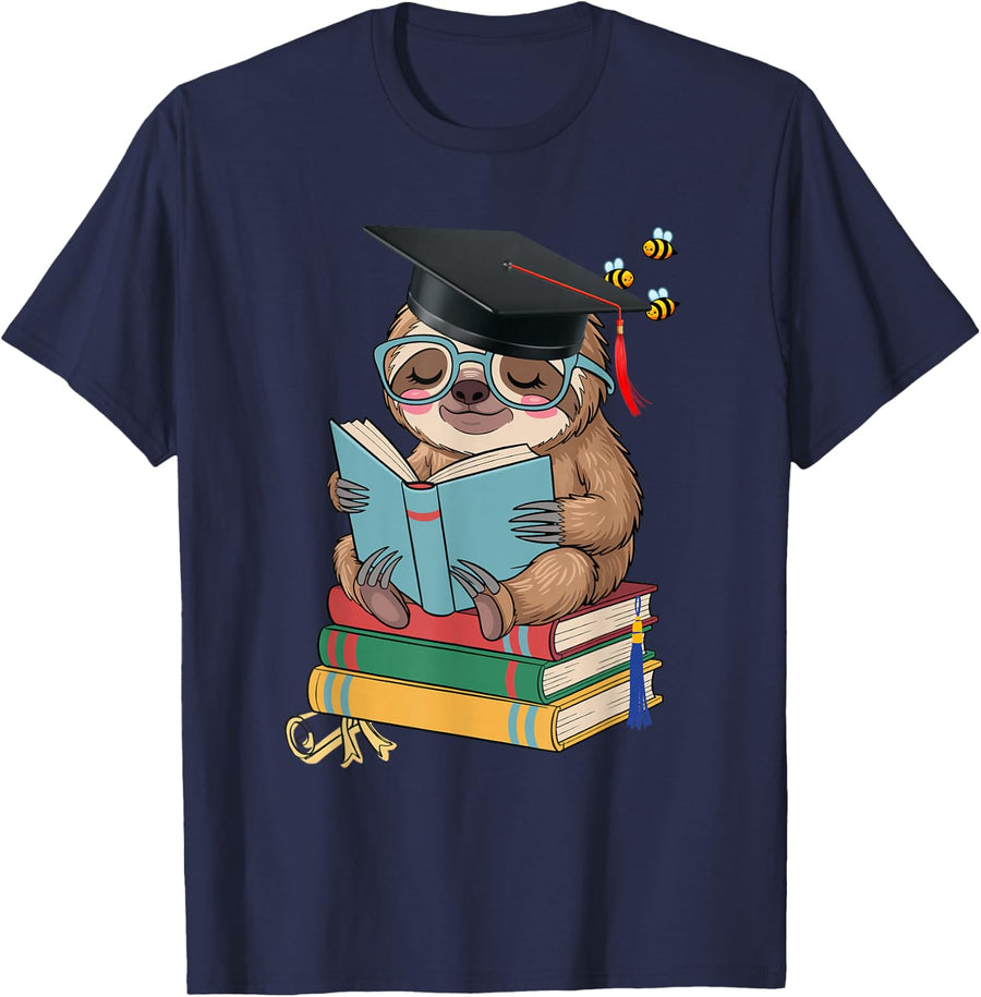 Educated Sloth Reading a Book T-Shirt - Navy Blue