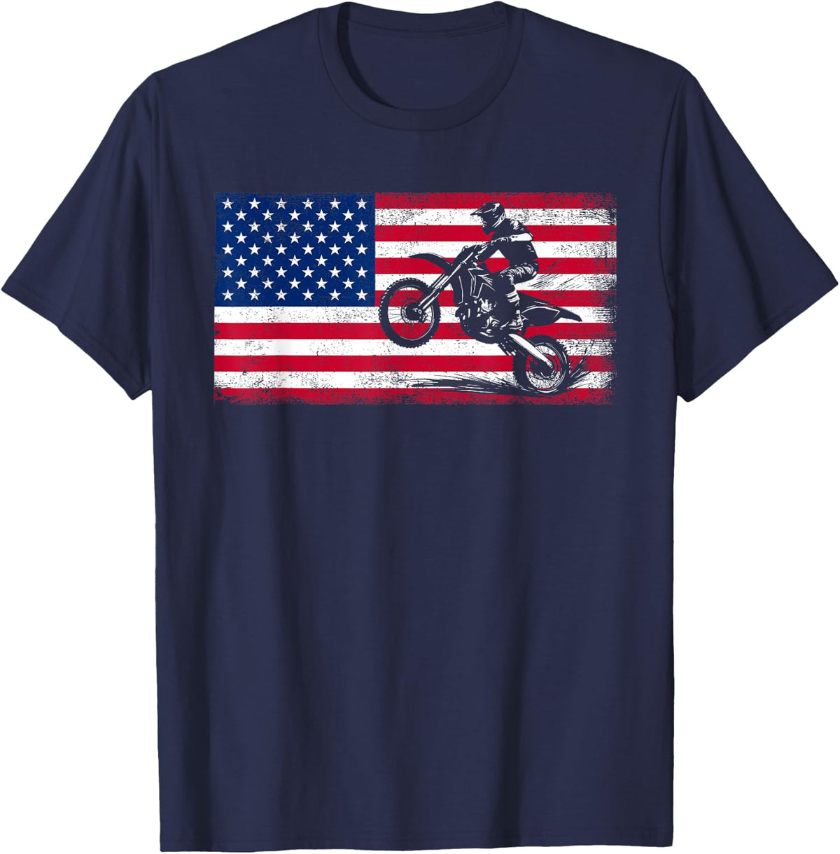Motocross Dirt Bike American Flag USA T-Shirt - Navy Blue