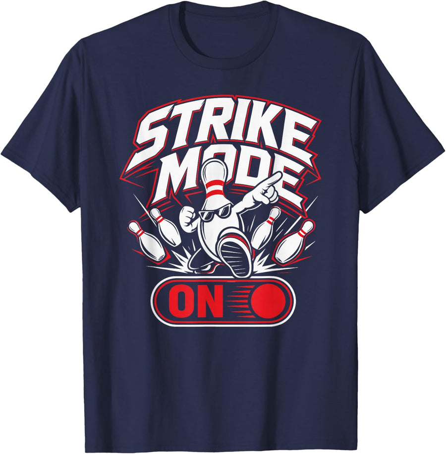 Strike Mode ON Pin Mascot Bowling League Team T-Shirt - Navy Blue
