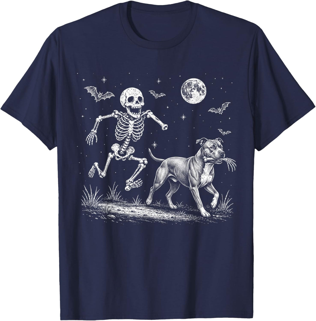Funny Skeleton Chasing American Staffordshire Terrier T-Shirt - Navy Blue