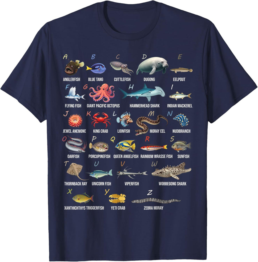 A-Z Ocean Life Alphabet Marine Creatures Exploration T-Shirt - Navy Blue
