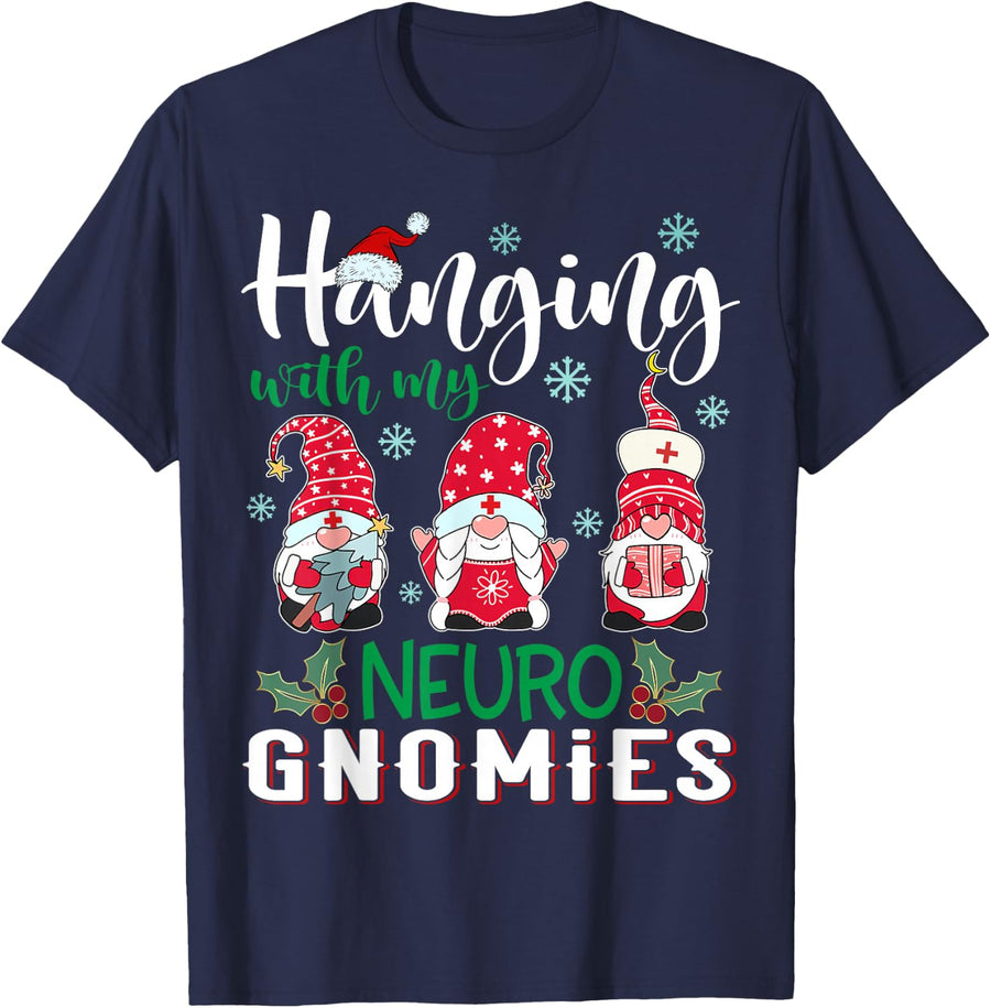 Hanging With My Neuro Gnomies Nurse Christmas Santa Hat T-Shirt - Navy Blue