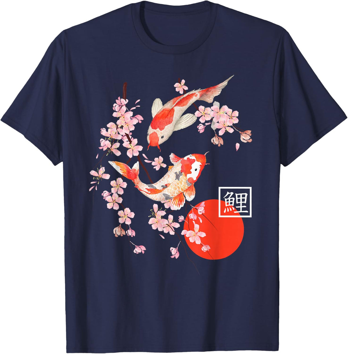 Japanese Koi Fish Cherry Blossom Sakura Aesthetic T-Shirt - Navy Blue