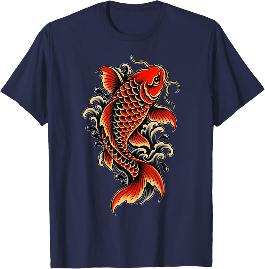 Koi Fish Traditional Tattoo Art Japanese Carp Pond Waves T-Shirt - Navy Blue
