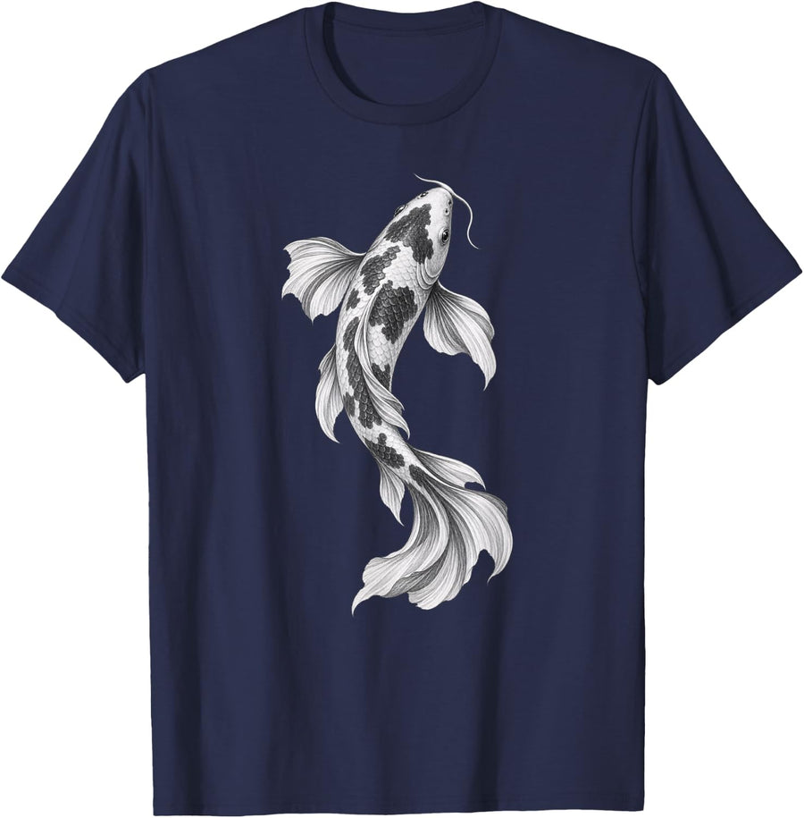 Koi Fish with Flowing Fins Carp Illustration T-Shirt - Navy Blue