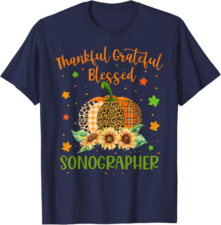 Thankful Sonographer Pumpkin Sunflower Thanksgiving T-Shirt - Navy Blue