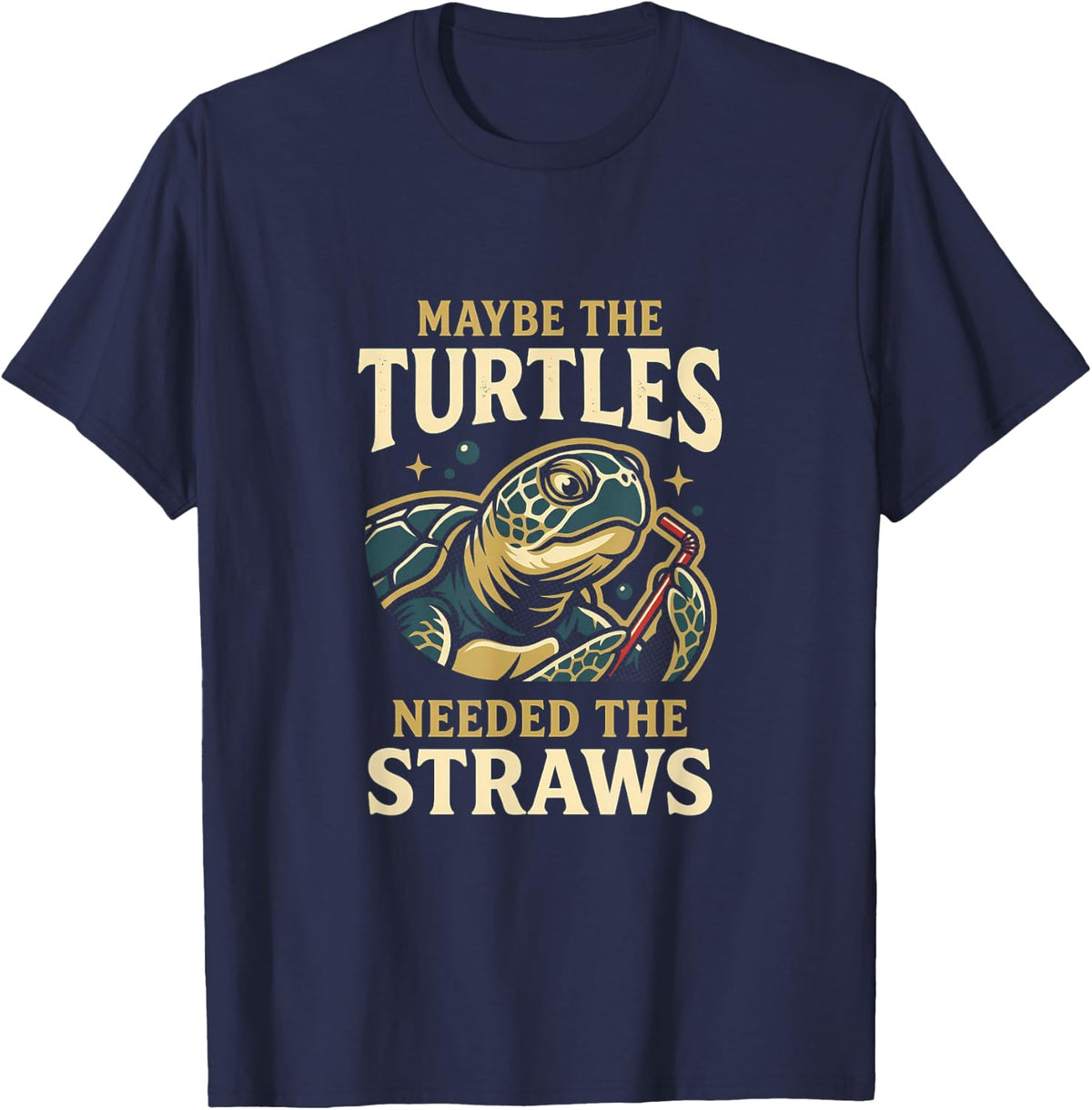 Marine Reptile Straw Shell Maybe Chelonia Needed Motif T-Shirt - Navy Blue