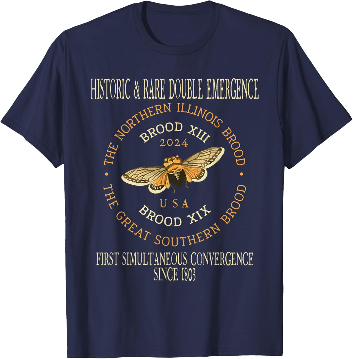 Historic Cicada 2024 Event Brood XIX & XIII Emergence Music T-Shirt - Navy Blue