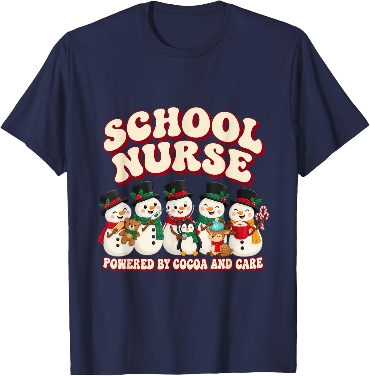 Christmas School Nurse Holiday Crew T-Shirt - Navy Blue