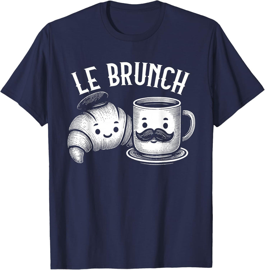 Le Brunch French Breakfast Vintage Croissant Coffee T-Shirt - Navy Blue