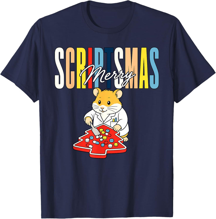 Merry Scriptsmas Pharmacist Christmas Pharmacy T-Shirt - Navy Blue