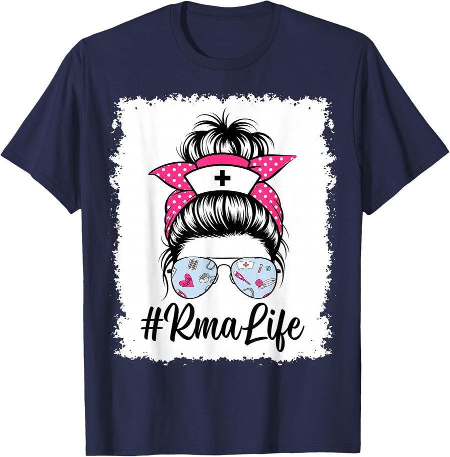 RMA Life - Registered Medical Assistant Messy Bun Nursing T-Shirt - Navy Blue