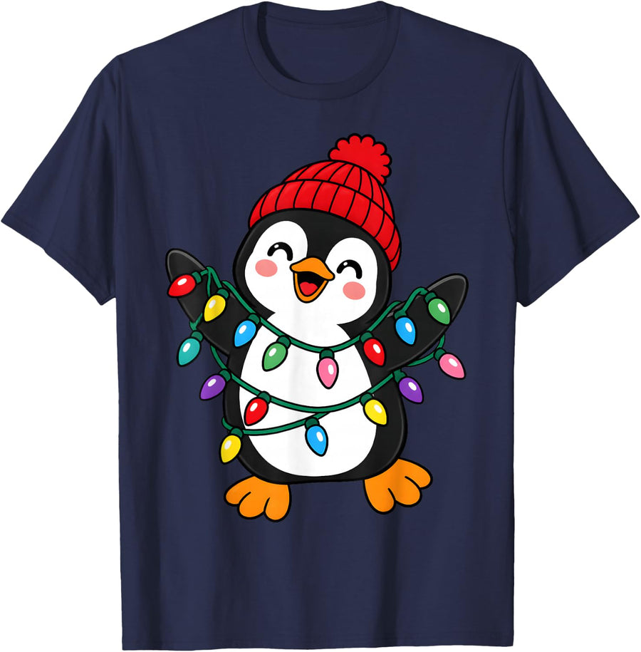 Penguin Christmas Xmas Lights Winter Hat Animal Fan T-Shirt - Navy Blue