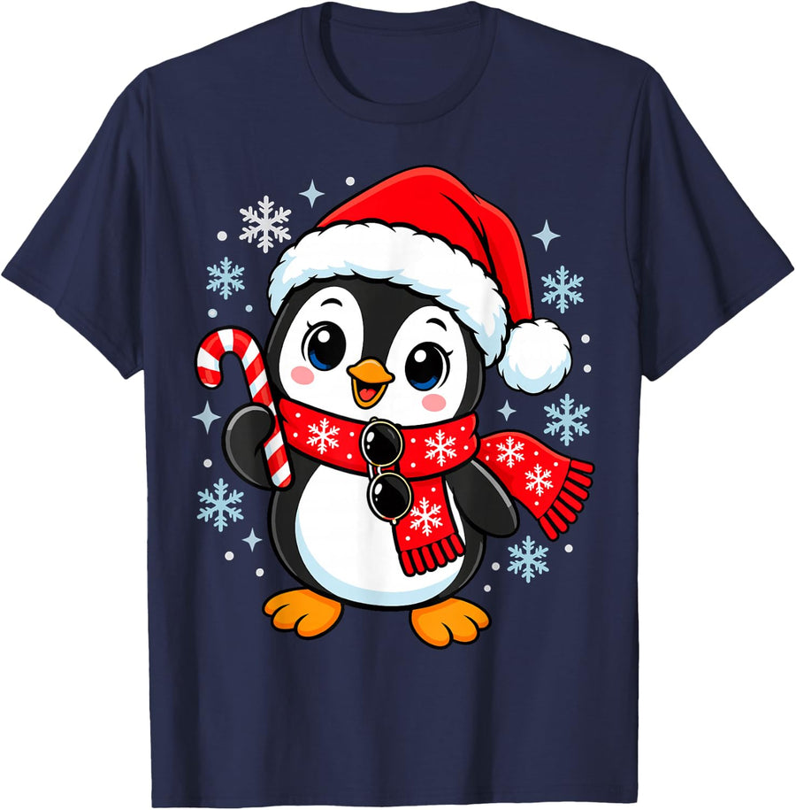 Christmas Penguin Candy Cane Santa Hat Sunglasses T-Shirt - Navy Blue