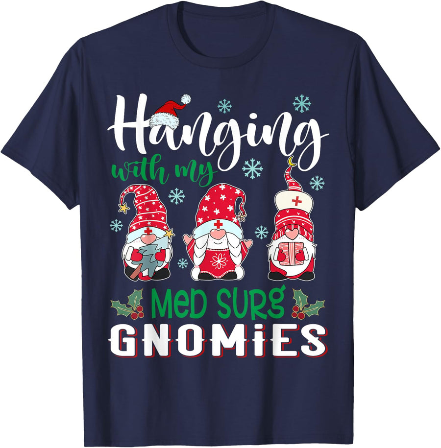 Hanging With My Med Surg Gnomies Nurse Christmas Santa Hat T-Shirt - Navy Blue