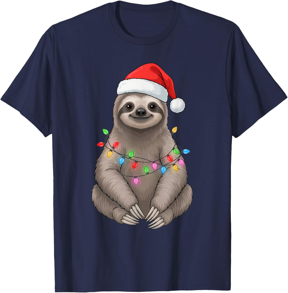 Retro Sloth Funny Santa Hat Christmas Lights Holiday Squad T-Shirt - Navy Blue