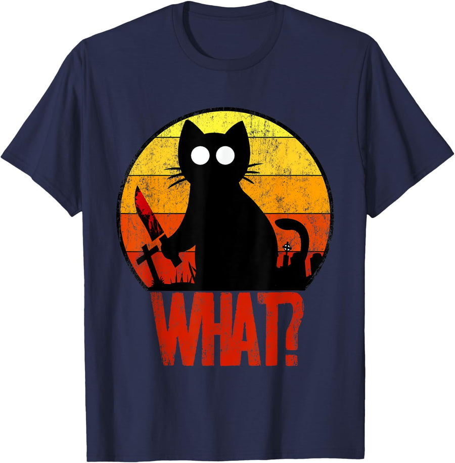 Murderous Black Psycho Cute Cat What Knife Christmas Gift T-Shirt for Men Women - Navy Blue