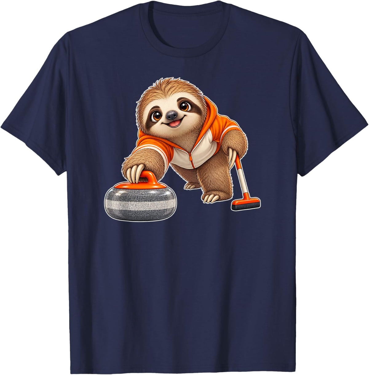 Cute Sloth Playing Curling Animal Sports Gift T-Shirt - Navy Blue