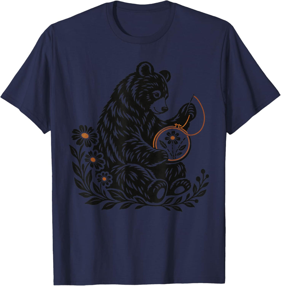 Bear Embroidery Wildflowers Folk Art Needlework T-Shirt - Navy Blue