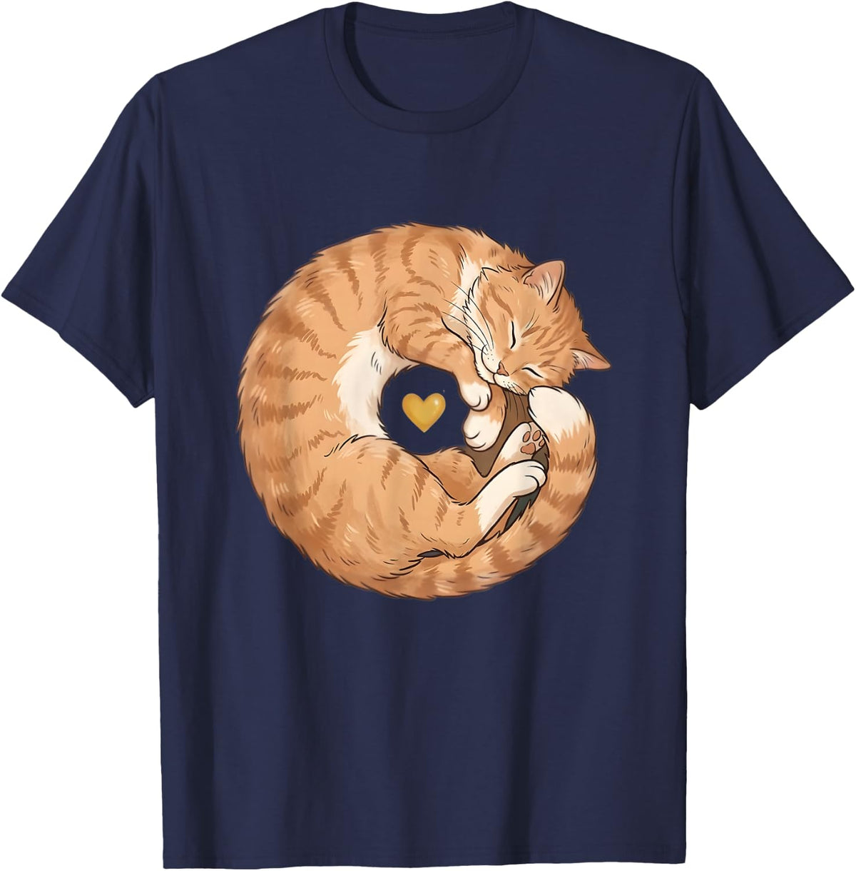Napping Ginger Tabby Cat Curled Up Heart Cat Mom Kitten T-Shirt - Navy Blue