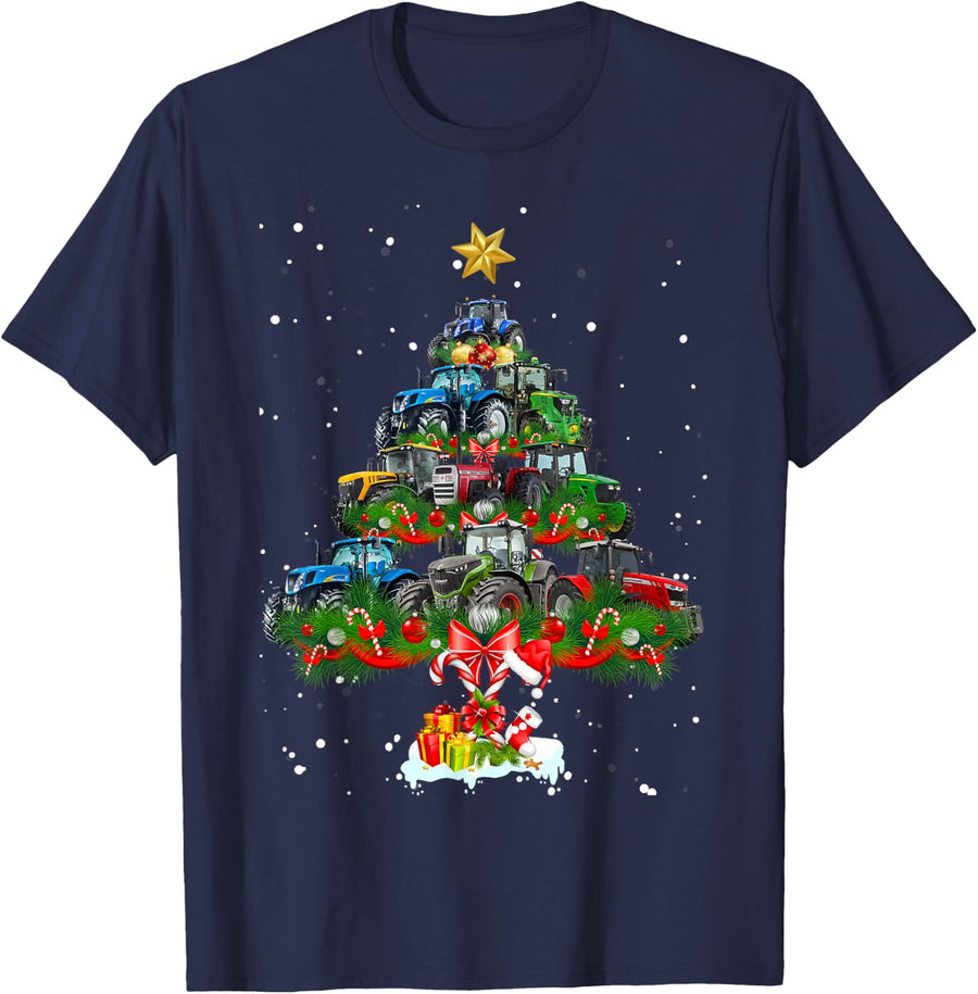Tractor Christmas Tree Tractor Lover Xmas Ornament Décor Boy T-Shirt - Navy Blue