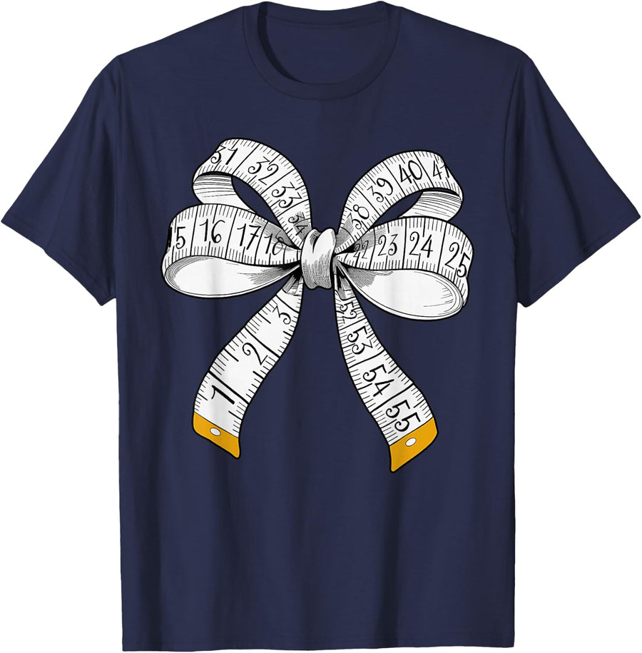 Tape Measure Coquette Bow Quilters Crocheter Sewing Lover T-Shirt - Navy Blue
