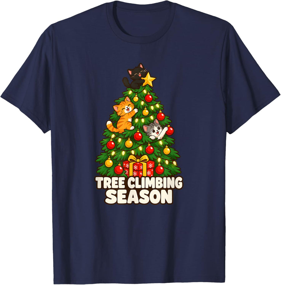 Tree Climbing Season Cute Kittens Christmas Tree Cat T-Shirt - Navy Blue