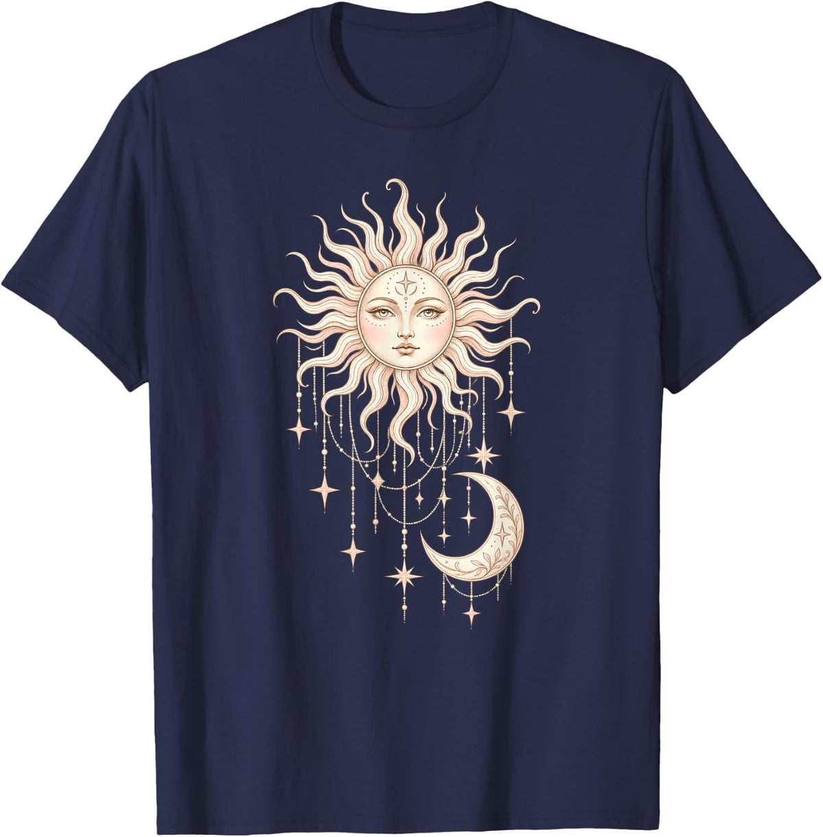 Astrology Sun Face Crescent Moon Wavy Celestial Stars T-Shirt - Navy Blue